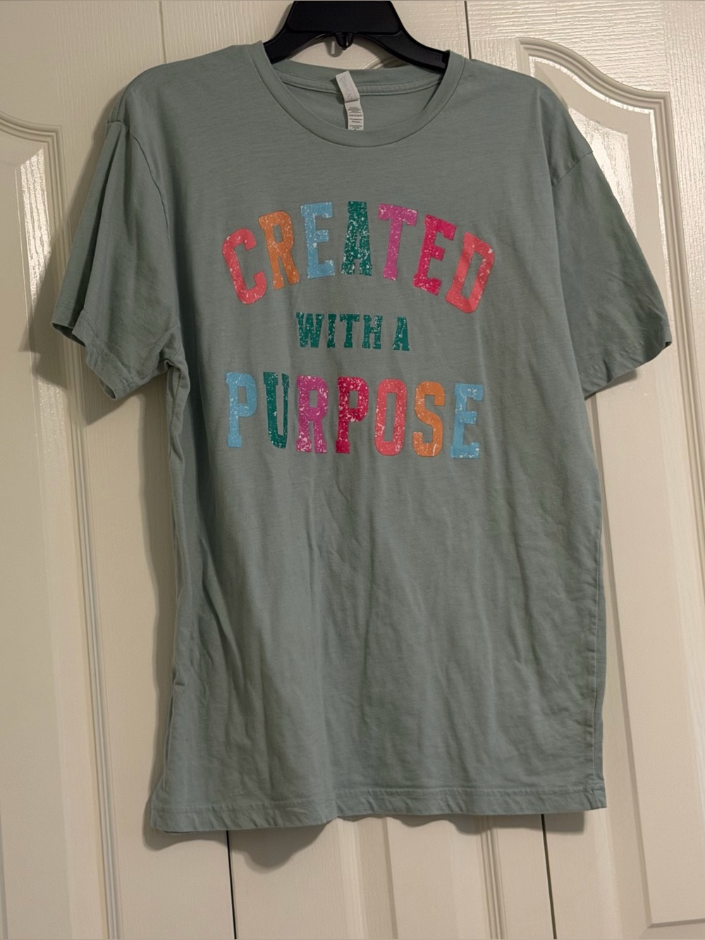 Sage Green Short Sleeve Tee with Multicolor "Created With A Purpose" Size L